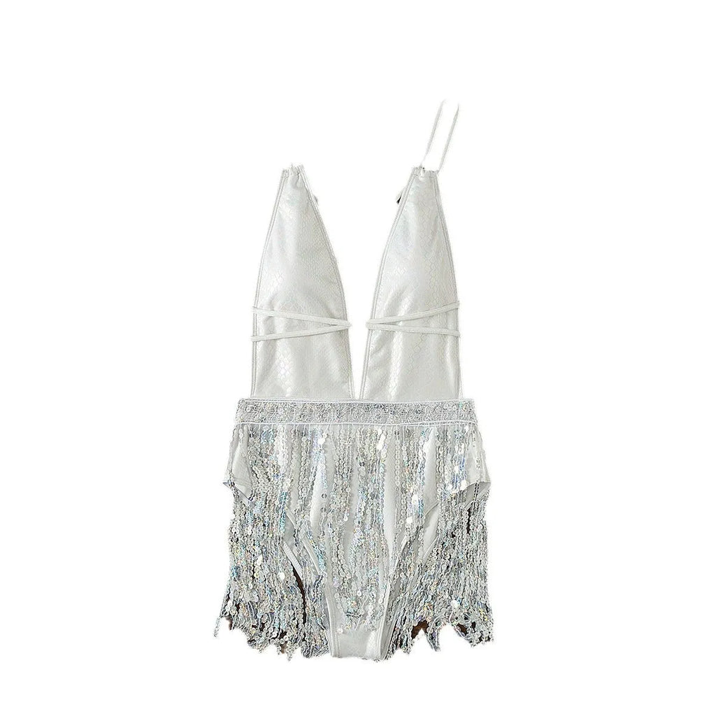White deep V-neck one-piece swimsuit with detachable tassel decoration and briefs style bottom