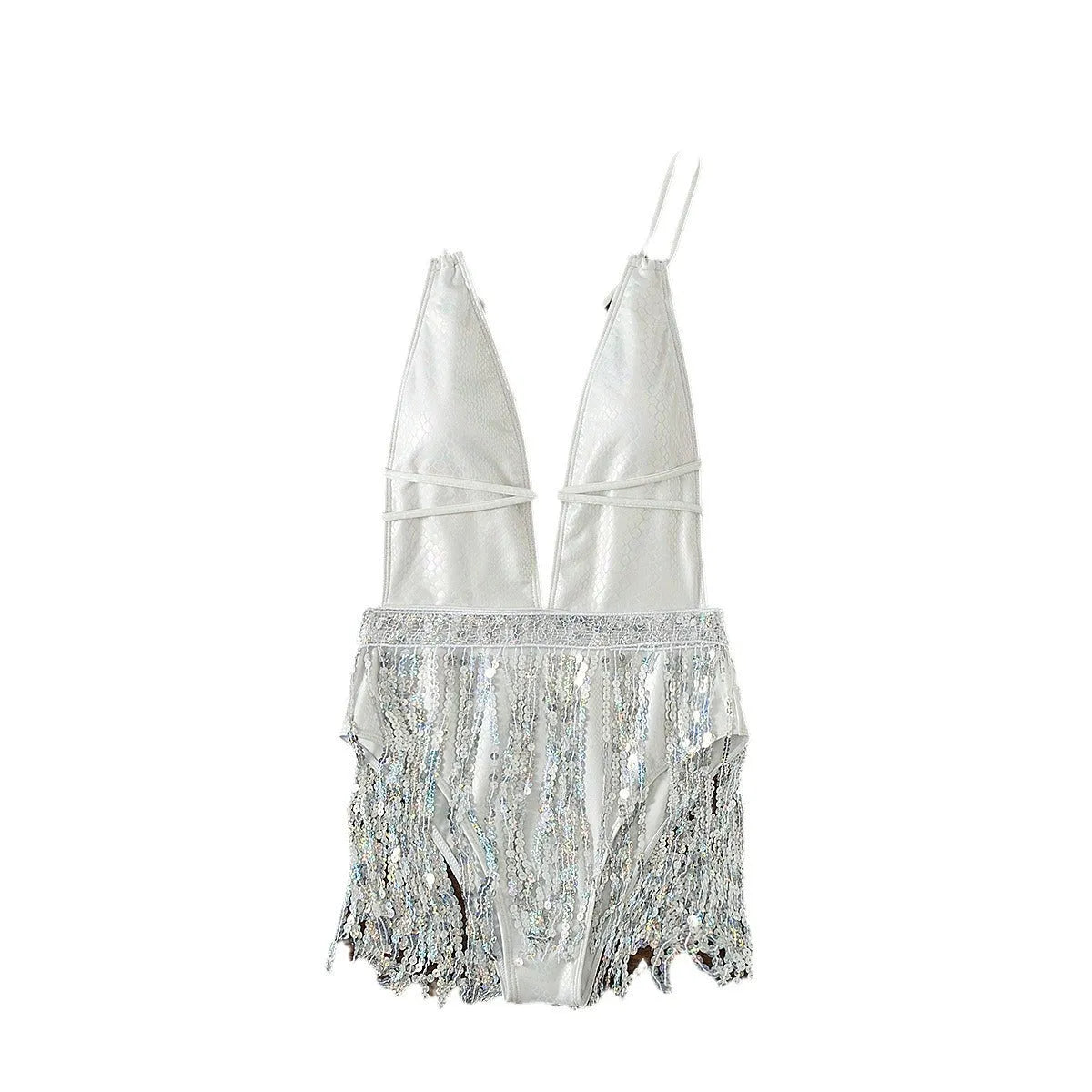 White deep V-neck one-piece swimsuit with detachable tassel decoration and briefs style bottom
