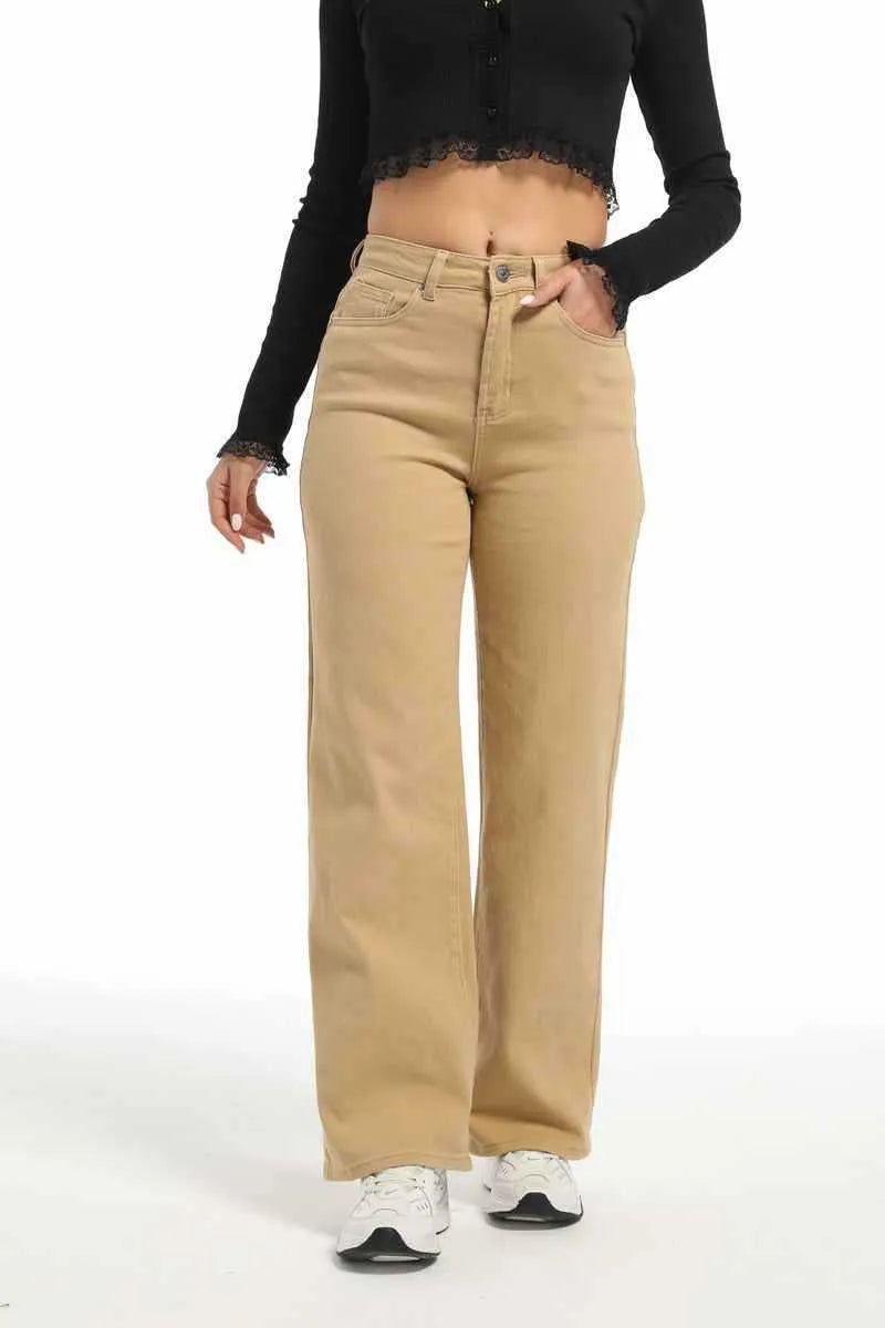 Women's high waist wide leg trousers in apricot and khaki cotton fabric with elastic waistband