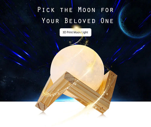 3D printed moon lamp glowing on a wooden stand with touch ring at base
