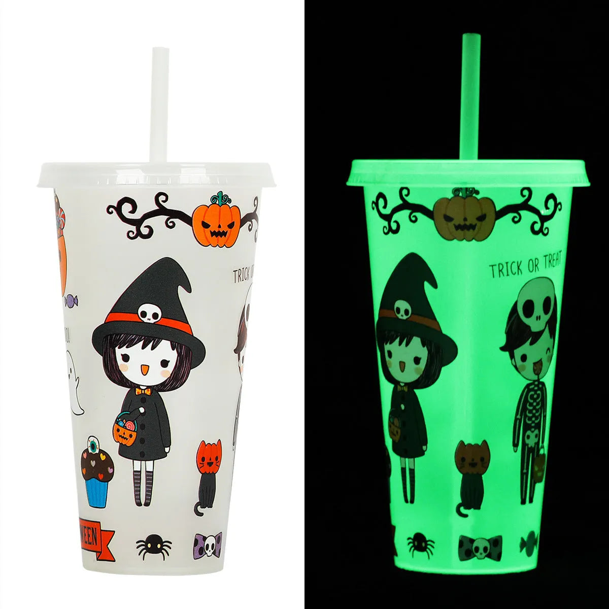 Halloween-themed luminous plastic straw cup with 720ml capacity in assorted colours
