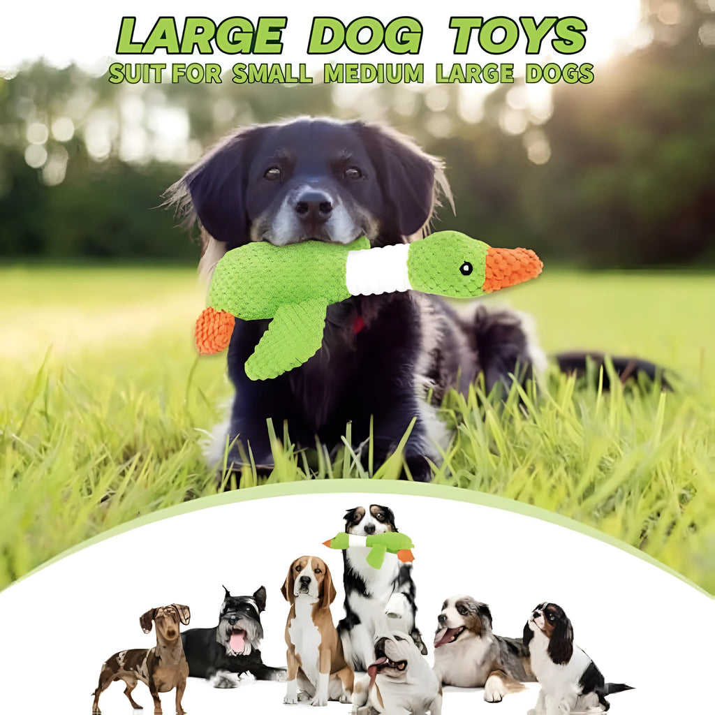 Blue durable pineapple cotton duck plush dog toy with squeakers on wooden floor