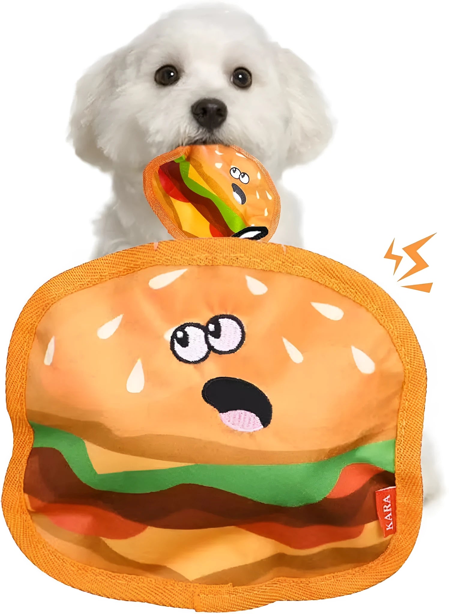 Food-themed crinkle squeaky dog toys in burger, fries, hot dog, and pizza designs for interactive play