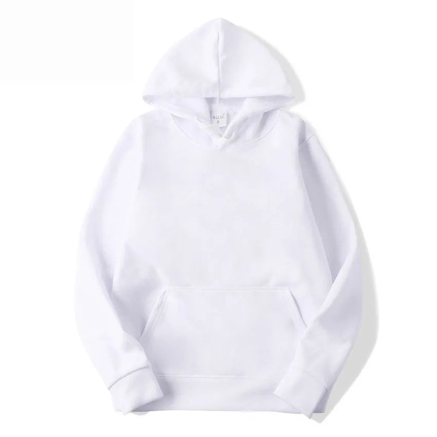 A solid colour hooded pullover hoodie for men and women, shown in a cotton blend fabric.