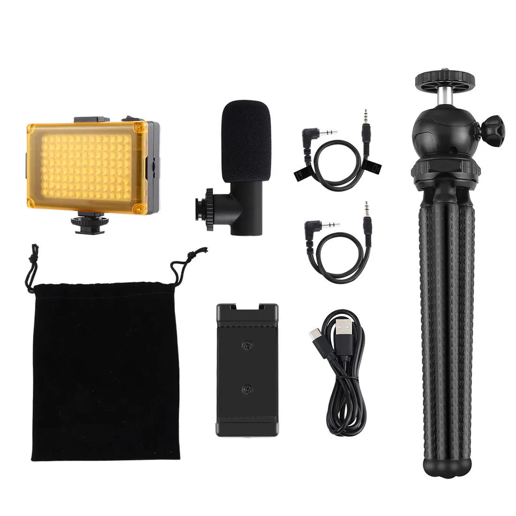 Black Octopus flexible tripod live broadcast kit with attached fill light and microphone on a table