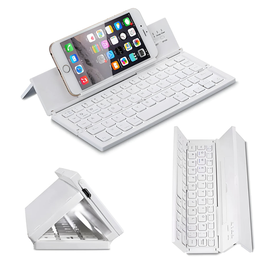 Black foldable ultra-thin wireless Bluetooth keyboard for tablets shown open next to a mobile phone.
