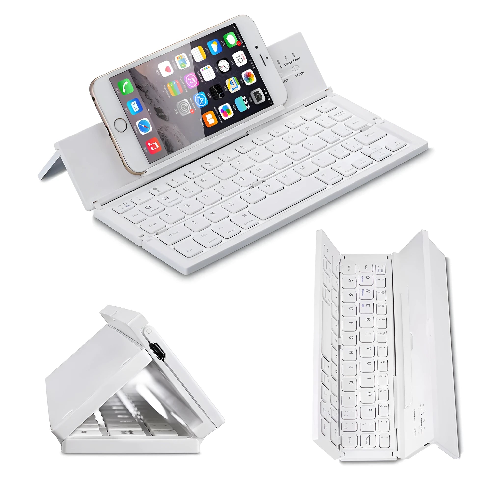 Black foldable ultra-thin wireless Bluetooth keyboard for tablets shown open next to a mobile phone.