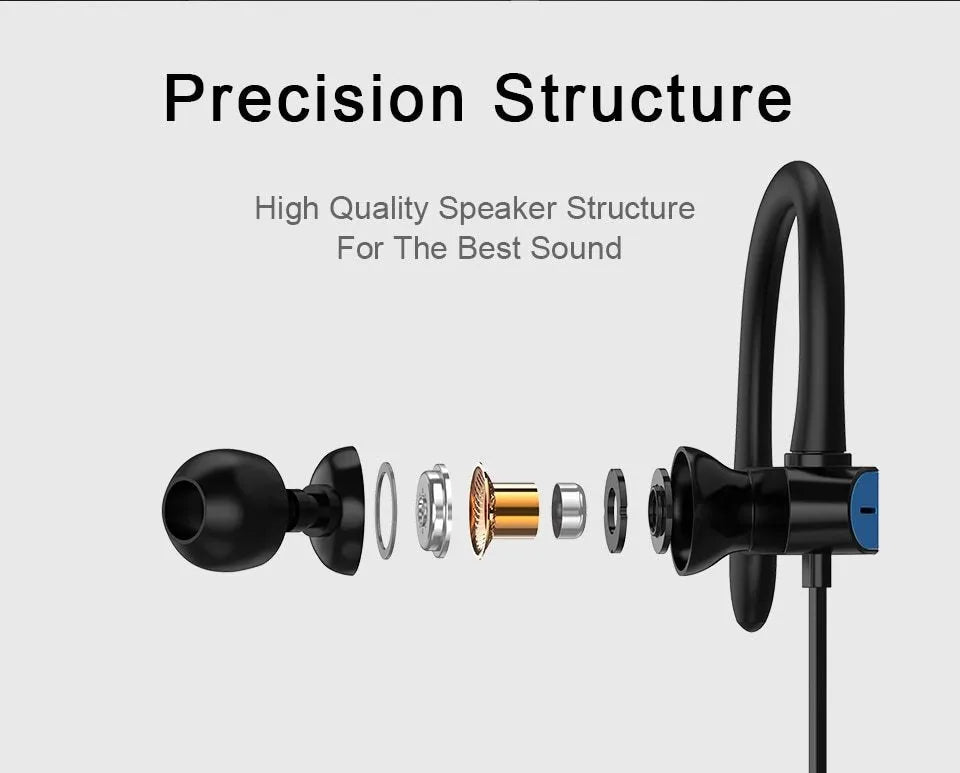 Sports earphones with ear hooks in black blue, black grey, white gold and white silver colours