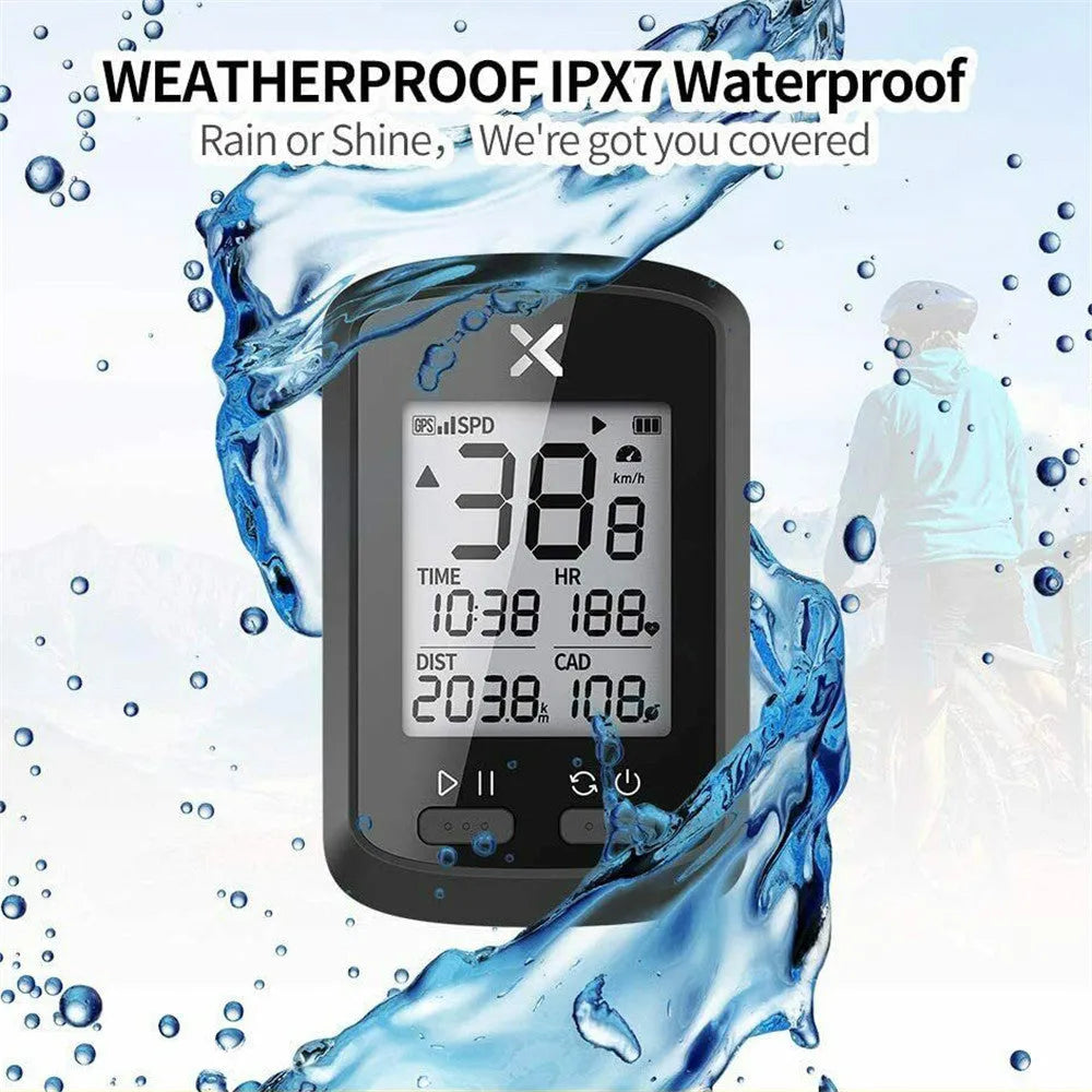 Black waterproof bicycle stopwatch with digital display mounted on bike handlebars.