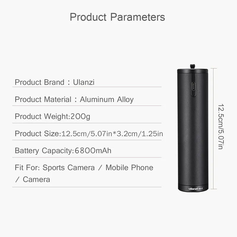 Black aluminium alloy charging handle power bank measuring 12.5cm with 6800mAh capacity
