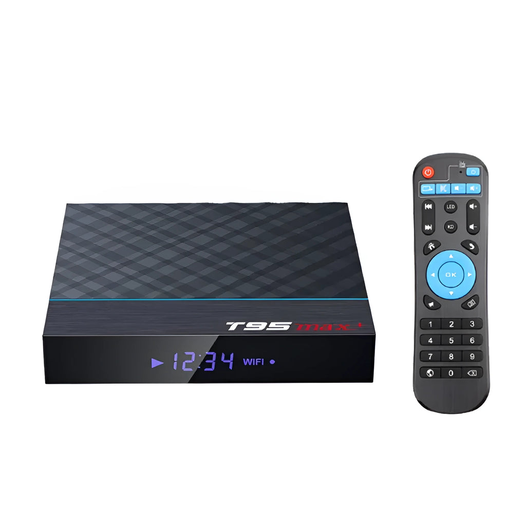 Black T95 Max Plus Android TV Box with remote, showing choice of EU, UK and US power plugs.