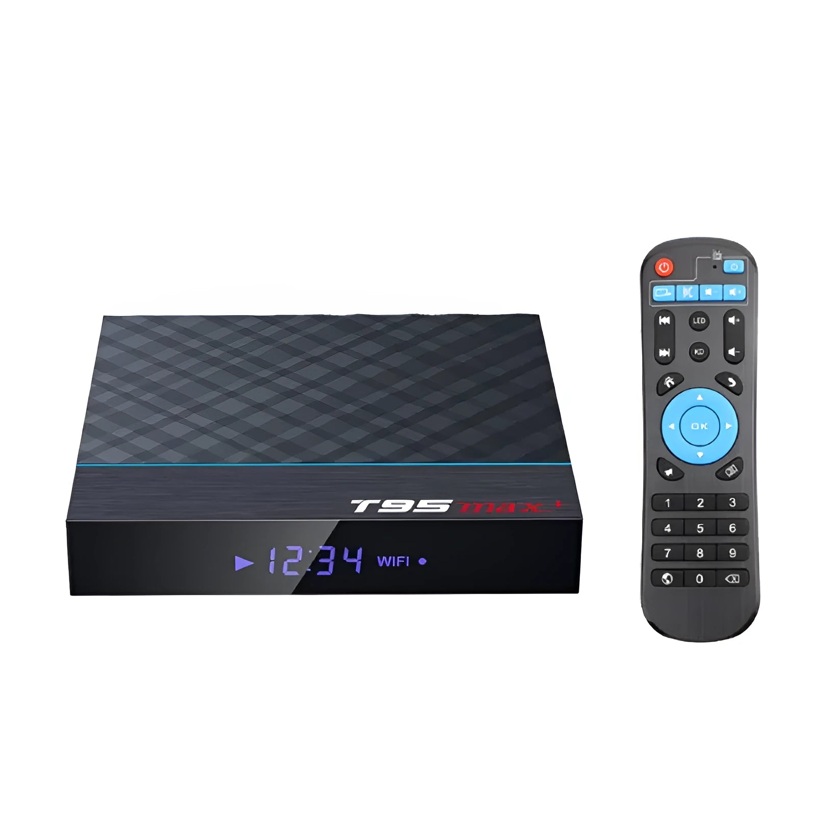Black T95 Max Plus Android TV Box with remote, showing choice of EU, UK and US power plugs.