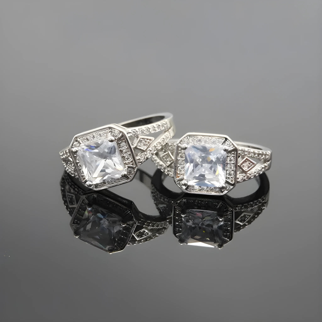 Women's geometric zircon ring with hollow quadrilateral design in platinum colour