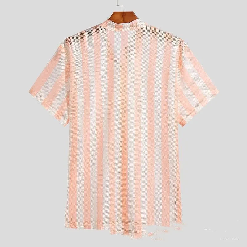 Pink men's short-sleeve cardigan shirt with a waffle-knit texture on a hanger.