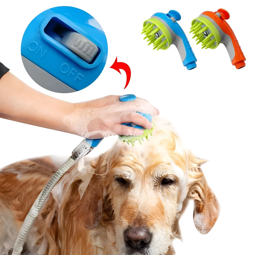 Blue dog shower brush pet sprayer with three-in-one function and 1.7cm hose interface