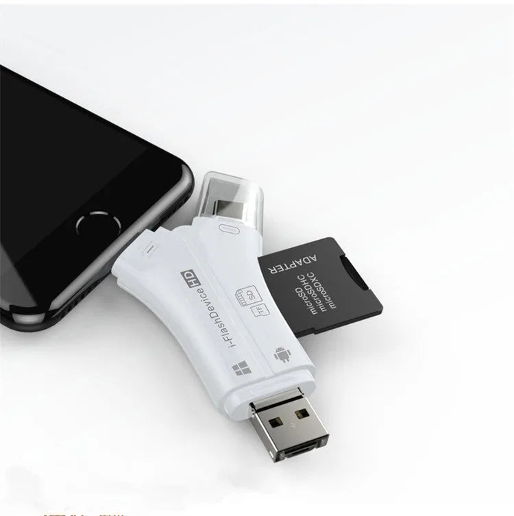 White 4-in-1 card reader with SD and Micro SD slots for iPhone and Android devices