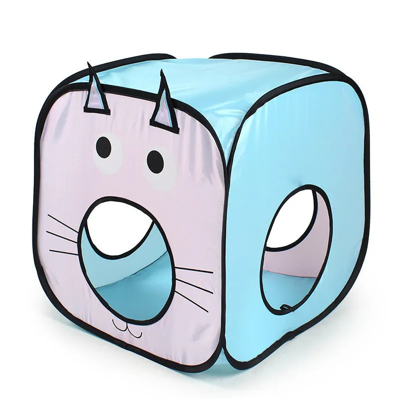Foldable cat tent tunnel playhouse in cat and fish theme with collapsible PP construction