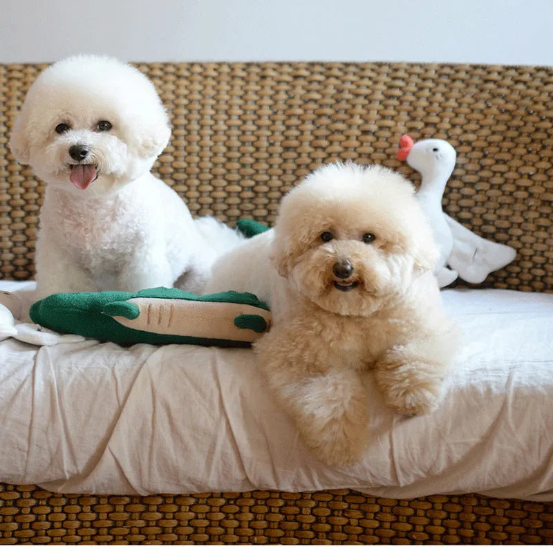 Green plush toy dog measuring 35cm long with soft fabric and interactive features