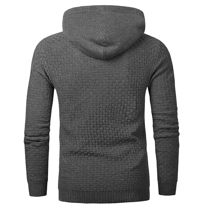 Men's black cotton-polyester blend hooded sweatshirt on a hanger