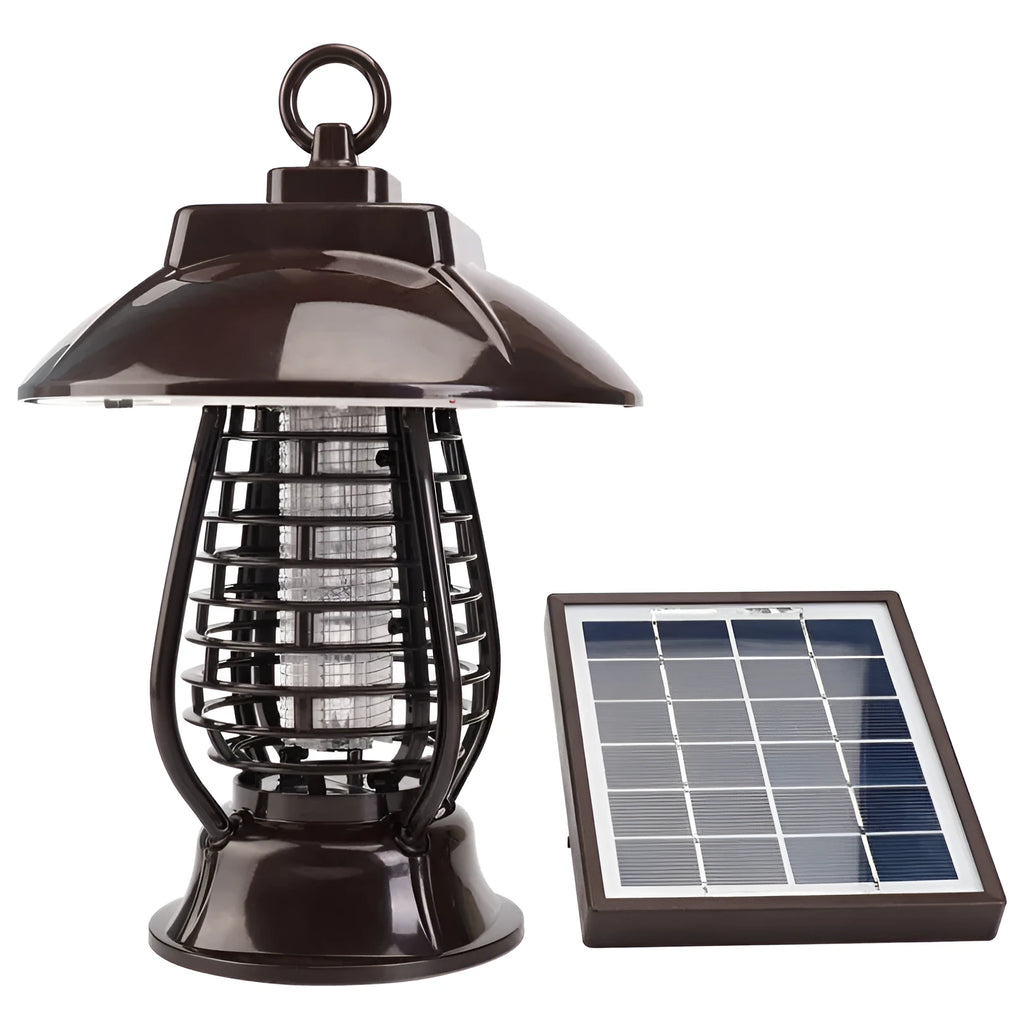 White outdoor solar mosquito lamp with solar panel on top and purple LED light beads visible.