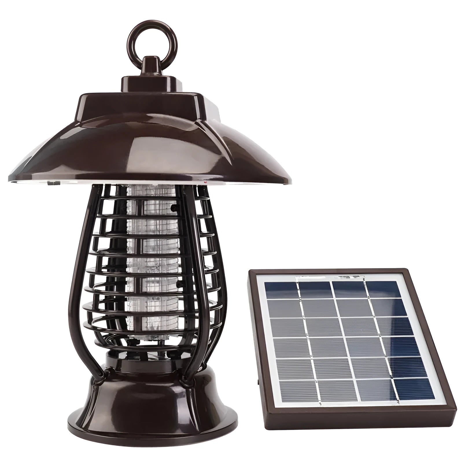 White outdoor solar mosquito lamp with solar panel on top and purple LED light beads visible.