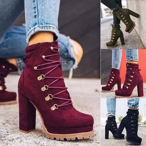 Women's suede high heel ankle boots in army green with thick heel, round toe, and decorative rivets.