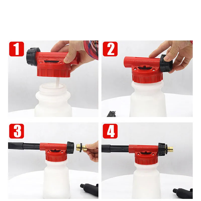 Blue handheld foam pot high pressure water gun for garden spraying on a garden table