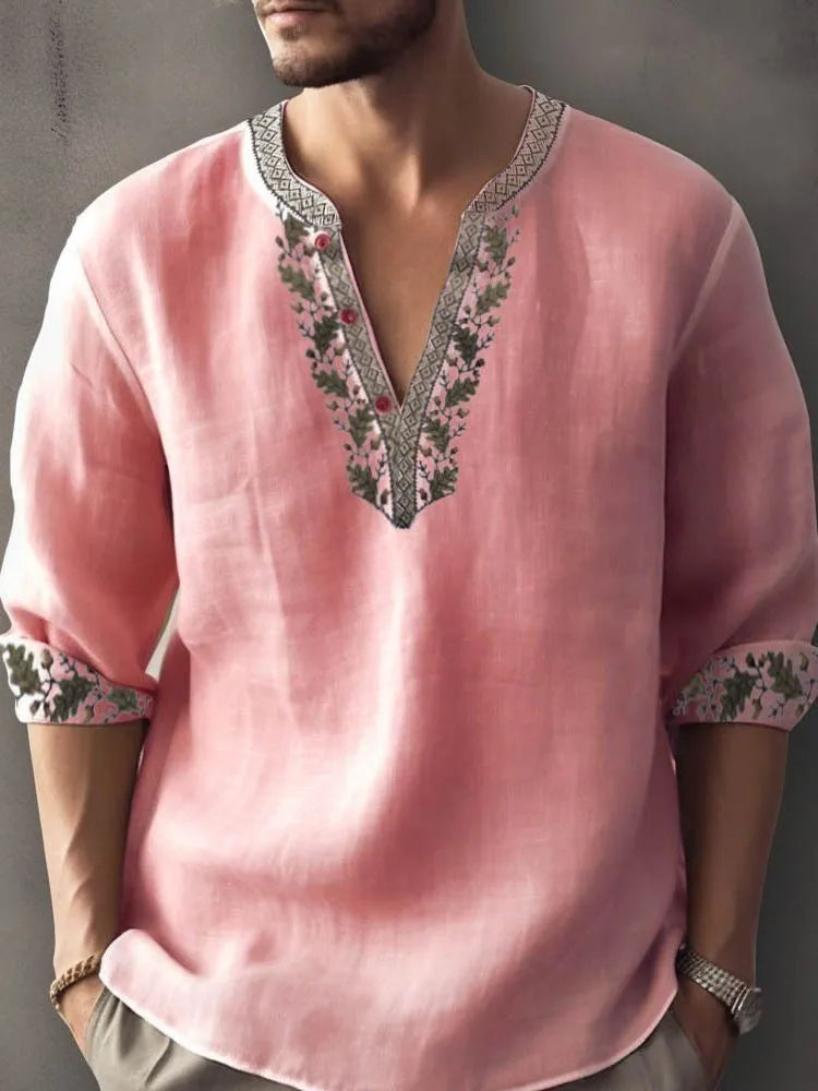 Short sleeve bamboo hemp pullover shirt with striped pattern and long sleeves.