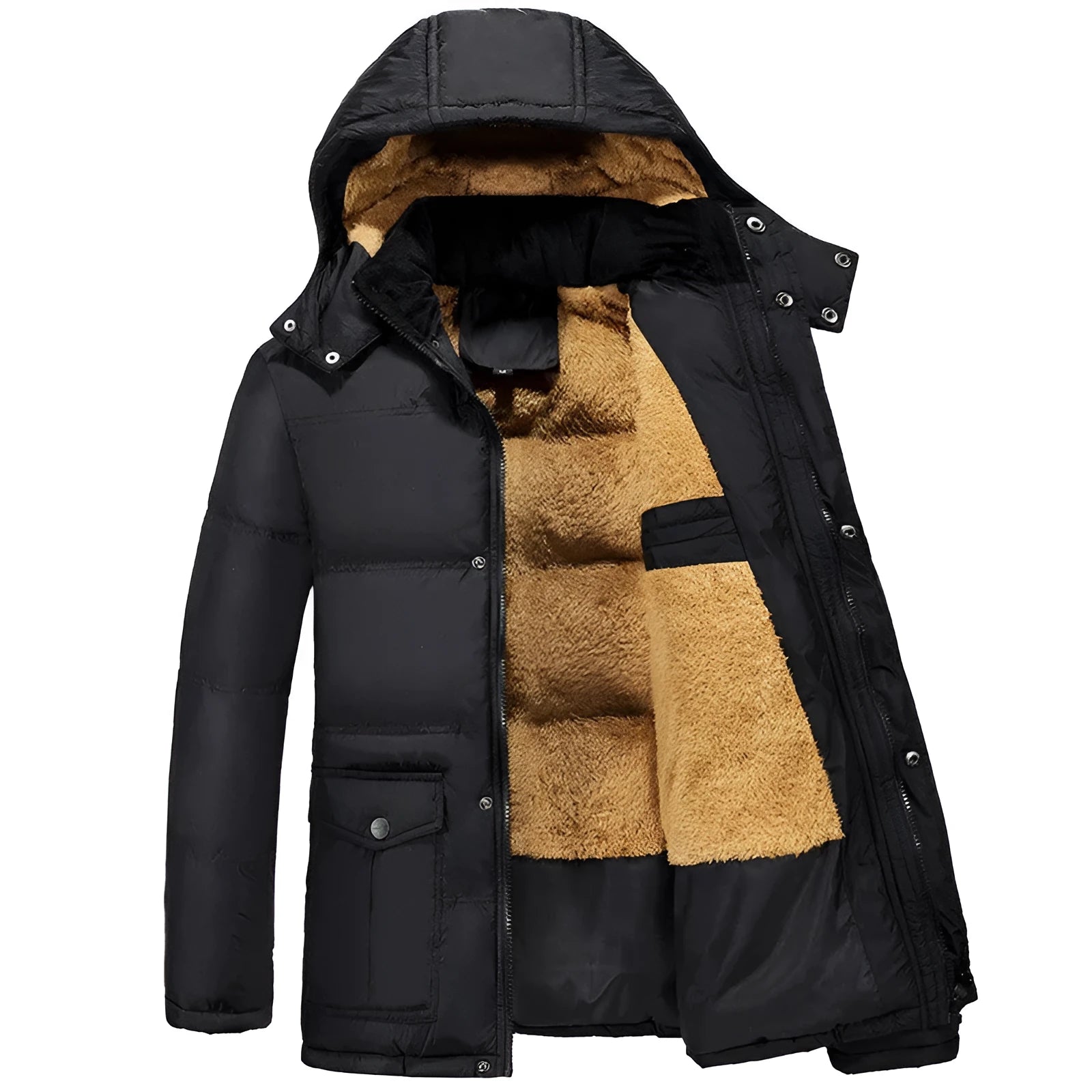 Men's black hooded double-breasted velvet padded jacket for winter sports