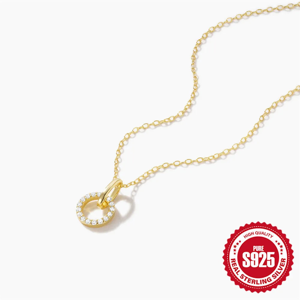 S925 sterling silver adjustable clavicle chain necklace with interlocking zircon detail in gold colour