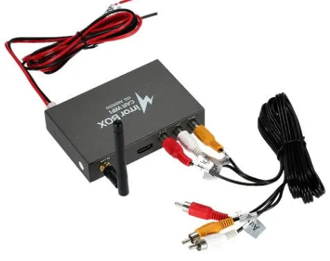 Black Car Mirror Link Box with Wi-Fi converter, power cable, antenna, AV cable, and manual.