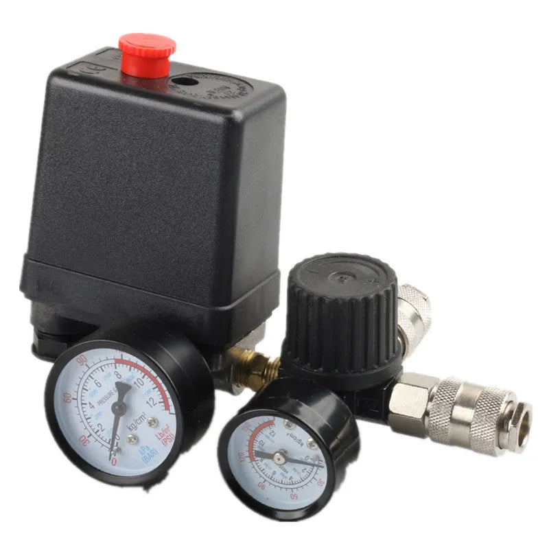 Air compressor pressure regulating valve assembly with pressure gauge and electrical connections