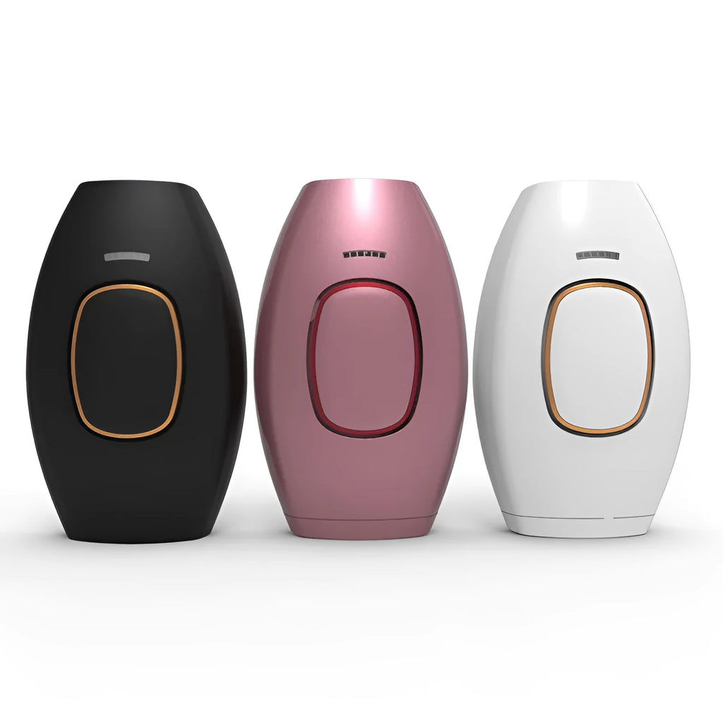 Home laser hair removal instrument with pulsed light technology, xenon quartz light tube, 470nm-1100nm wavelength, 33*10mm2 focus size, 1.5-3.9J/cm2 energy, over 300,000 flashes, ABS body, in Black, Rose Gold, White, for UK or other plug models.