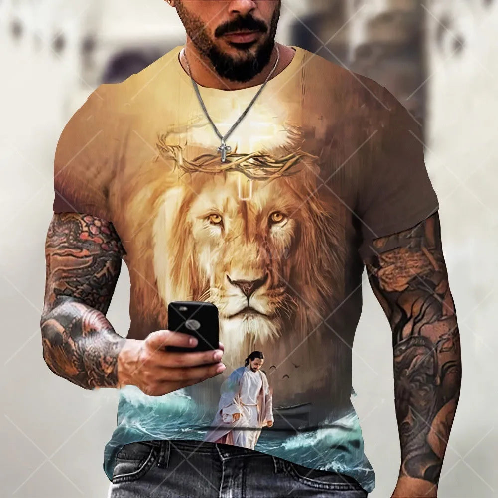 Men's 3D printed Jesus pattern T-shirt in bird eye cloth polyester with short sleeves