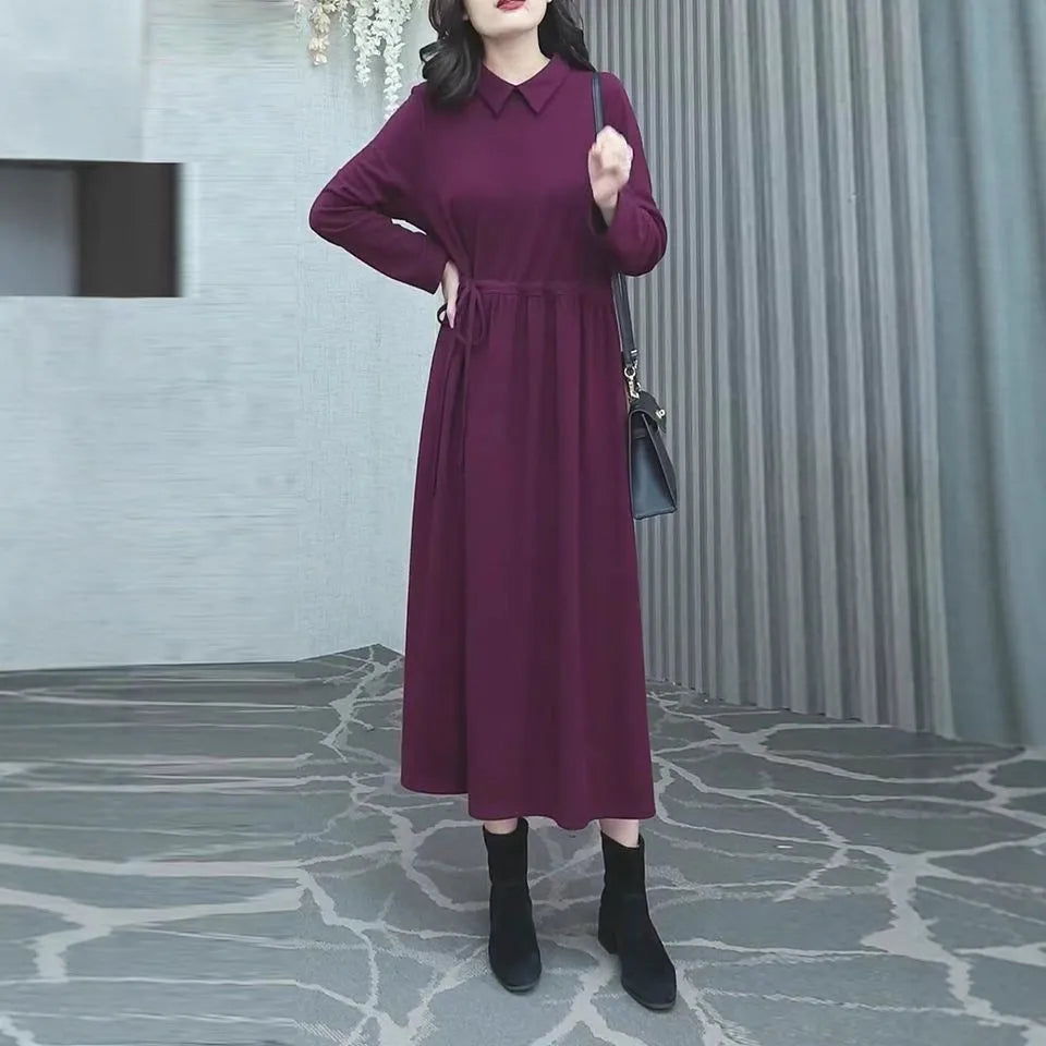 Purplish red plus size long sleeve midi dress for women's autumn winter commuting