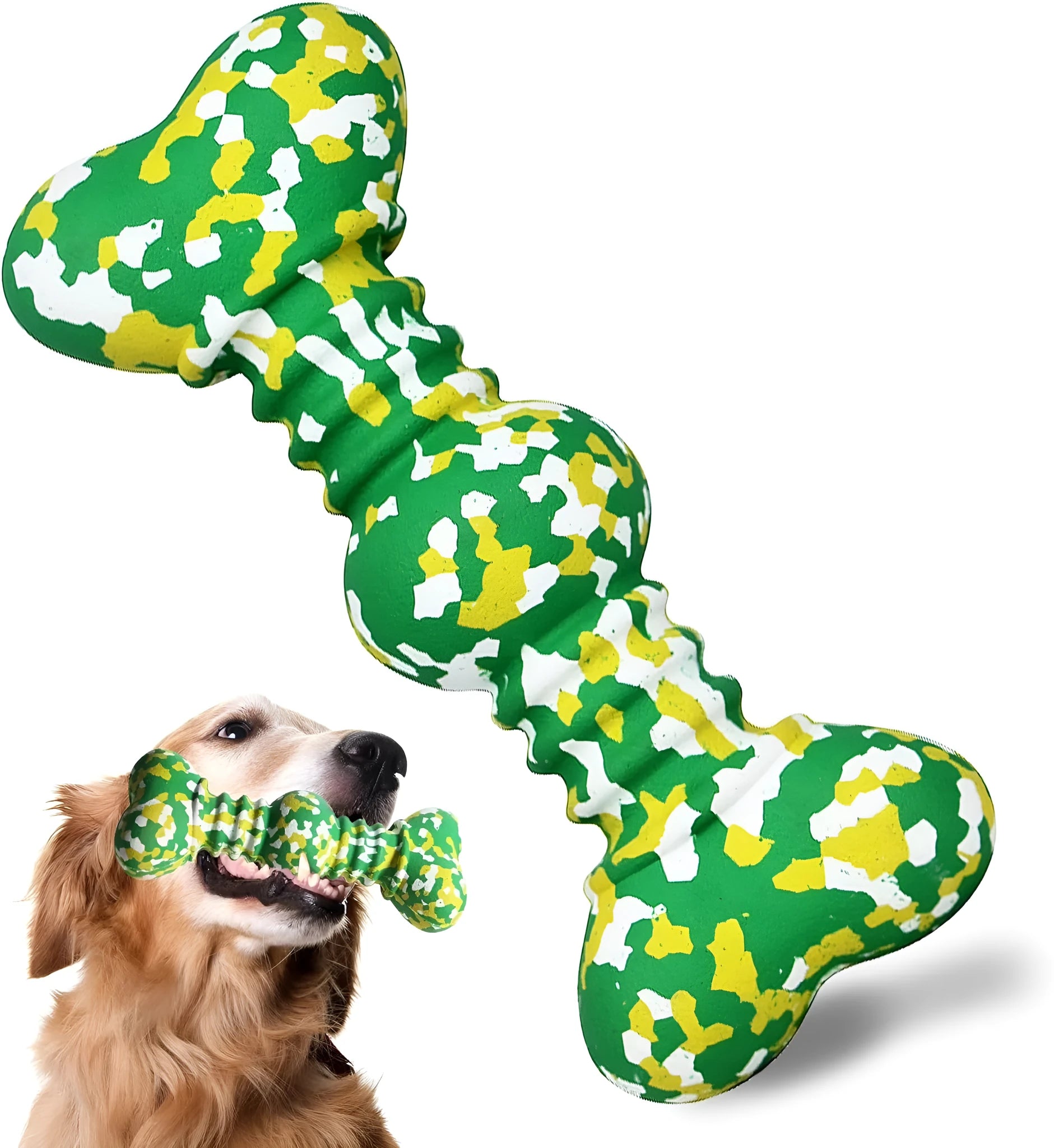 Natural rubber dog chew toy with camouflage pattern, shown in green, white, and yellow, bone-shaped for medium and large breed dogs.
