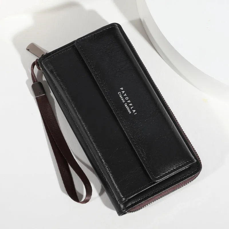 Men's black PU wallet with multiple card slots showing casual long 19cm design