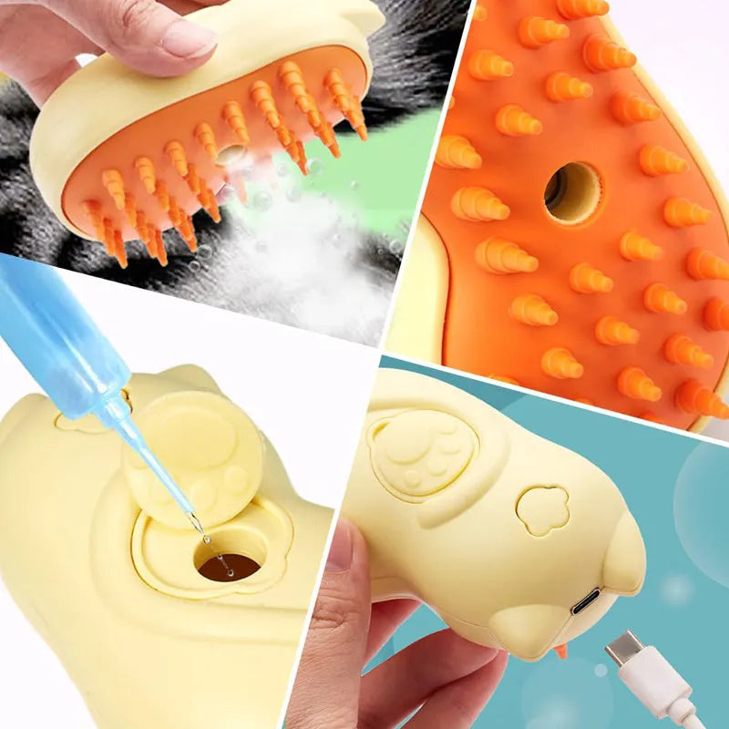3-in-1 steam pet grooming brush with dog-shaped handle for cats and dogs on a white background.