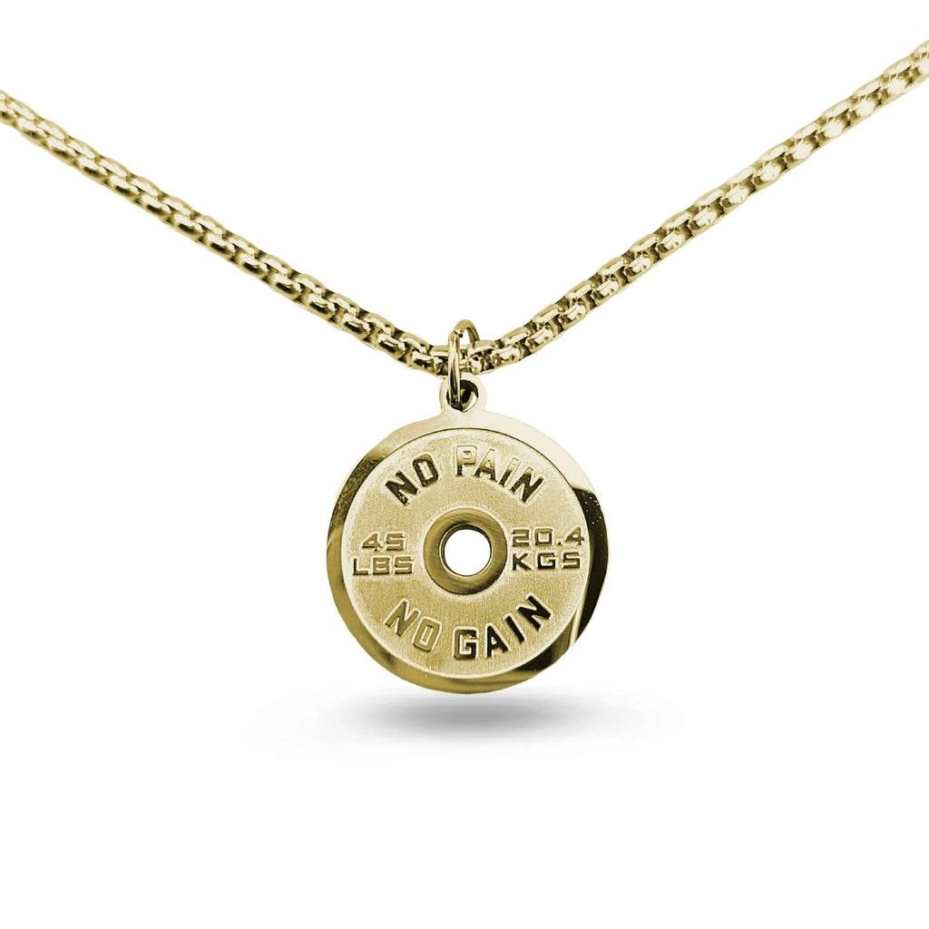 Polished stainless steel barbell disk necklace pendant with geometric design