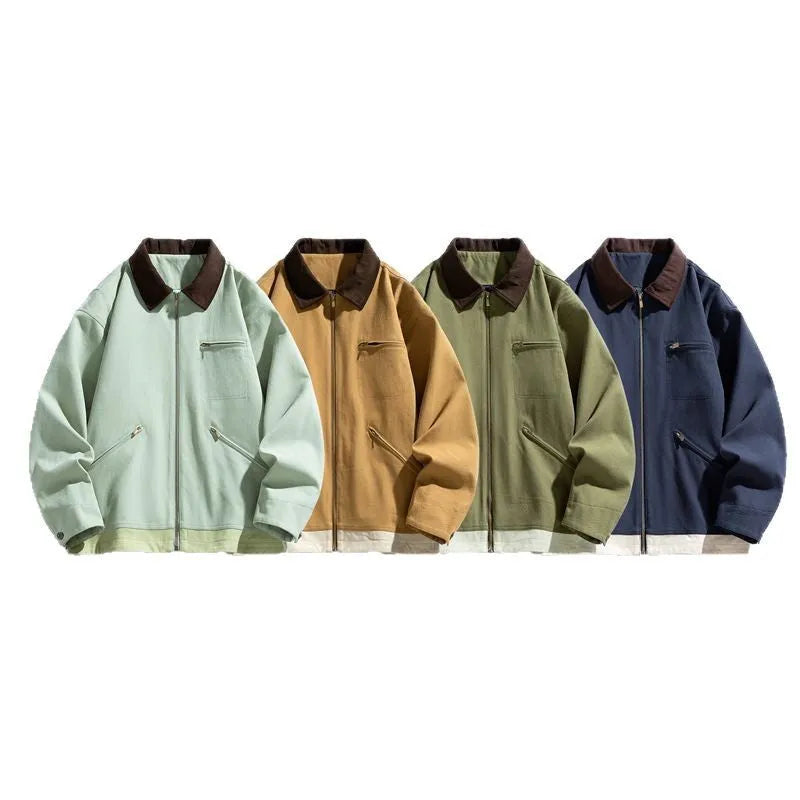 Men's loose fit Korean style autumn jacket with contrast colour lapels in polyester fabric.