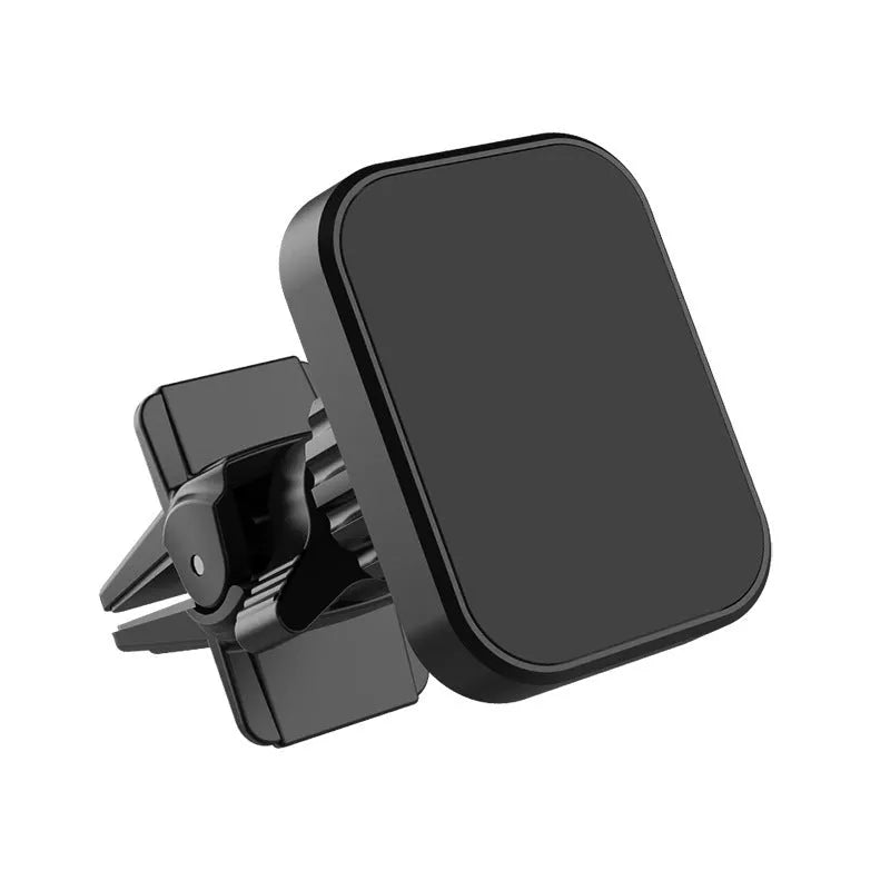 Black magnetic car phone holder mounted in vehicle air vent with mobile device attached