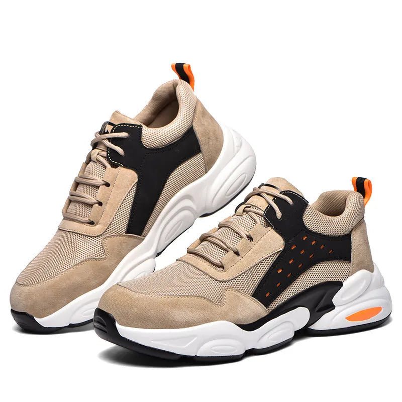Mesh breathable labour insurance shoes in black, grey, and beige colours with flyknit upper and PU sole