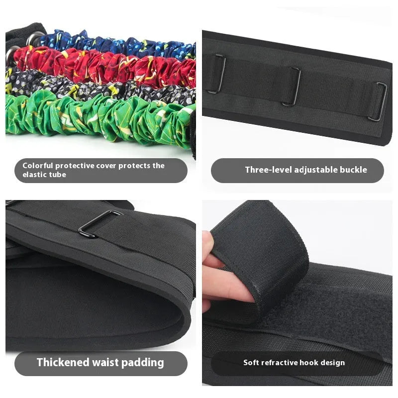TPE elastic chest expander belt with colour-coded sleeves indicating 100-300 pound resistance levels