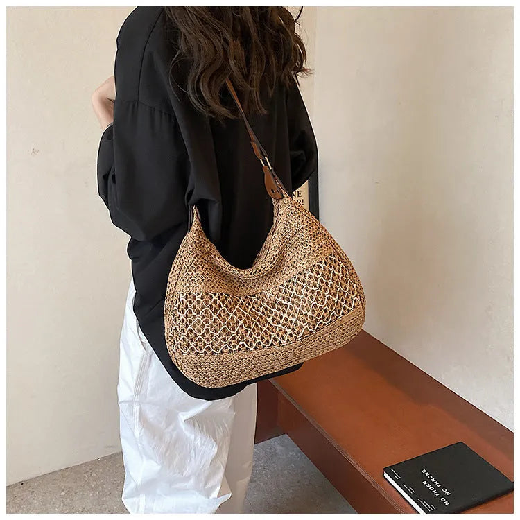 Women's casual soft straw cross body bag in khaki beige with horizontal square shape and sandwich pocket