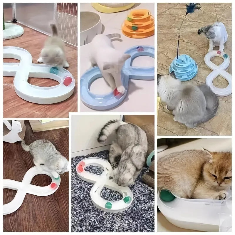 Blue and white cat turntable track ball toy with spinning mechanism for interactive play