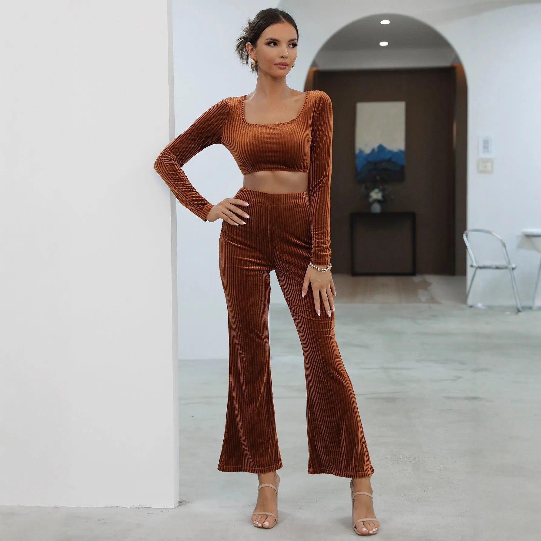 Caramel coloured long sleeve knit sweater and matching trousers casual set