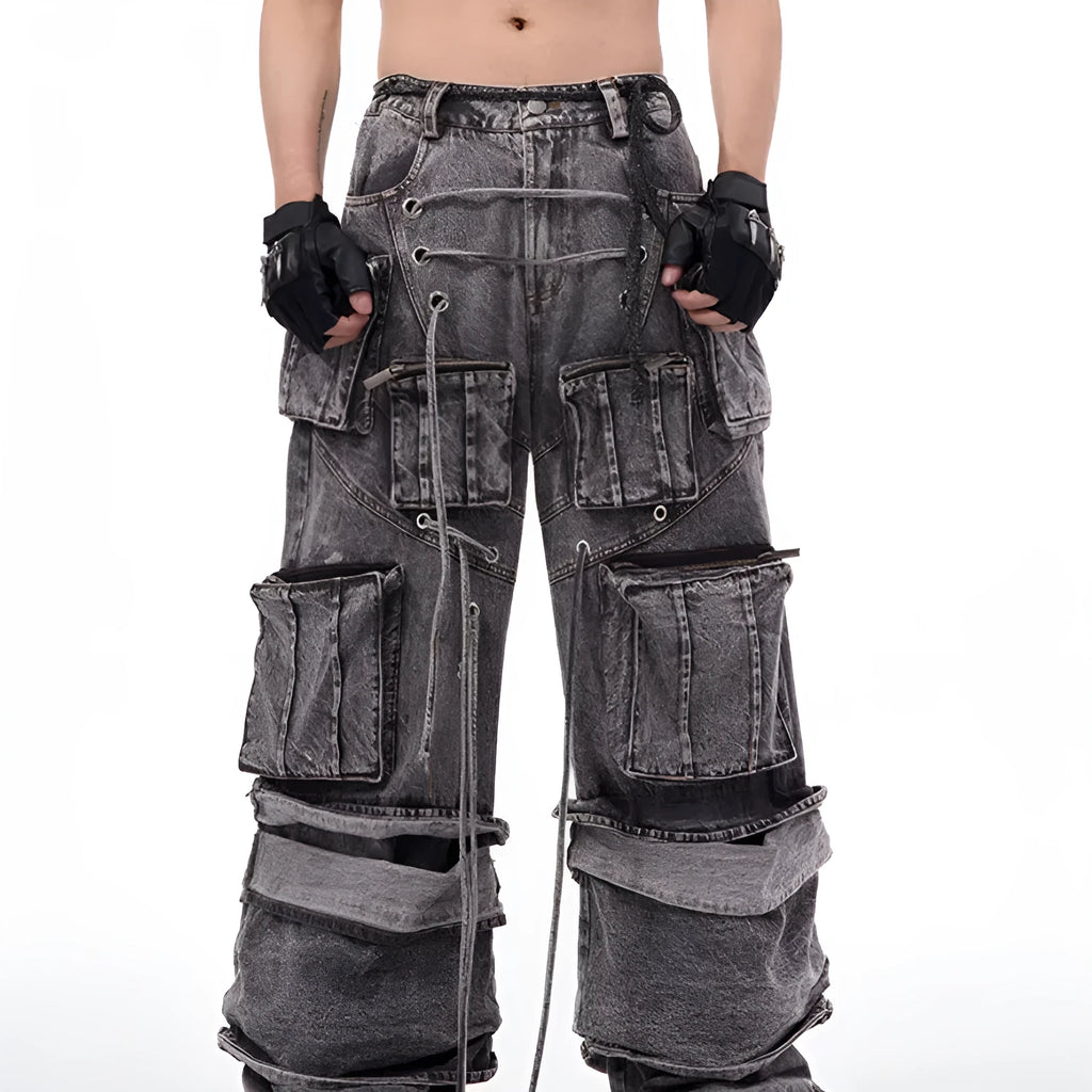 Grey American-style distressed denim overalls with rope stitching on cotton fabric.
