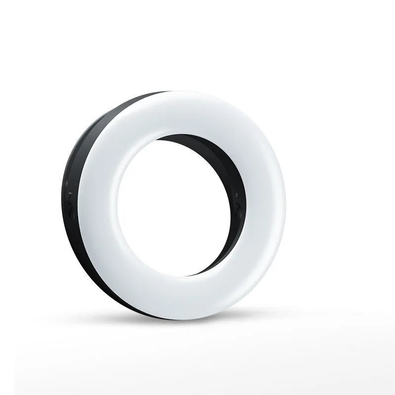 Black USB rechargeable selfie ring light for mobile phone photography with adjustable brightness