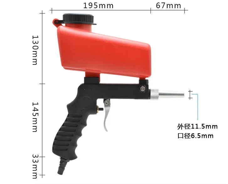 Portable small gravity pneumatic sandblasting gun with black or blue finish and 21 lb tank