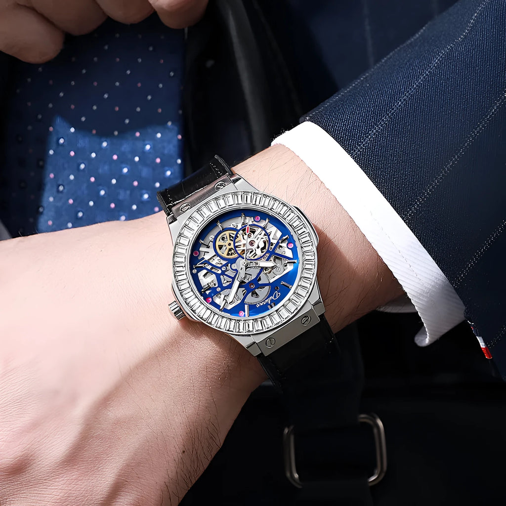 Men's automatic mechanical watch with diamond-studded hollow design and 16mm white case